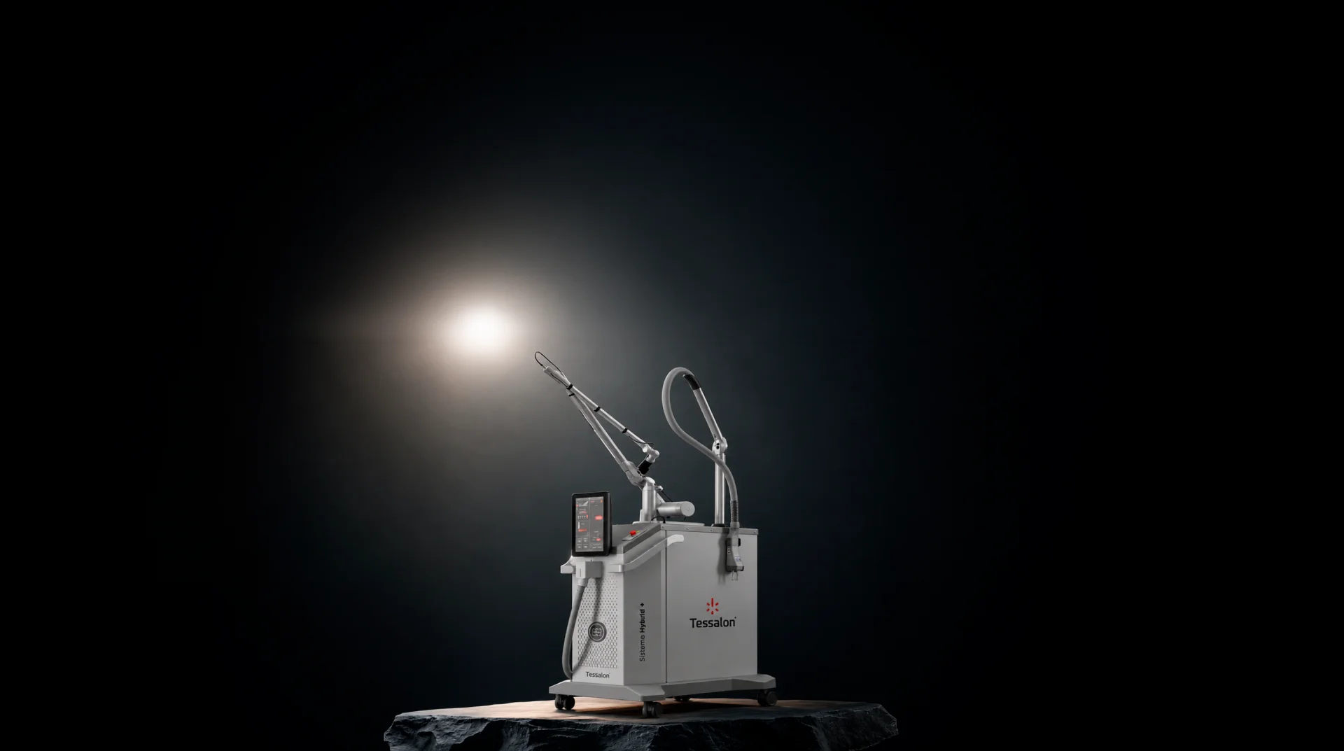 Equipamento de estética Tessalon Sistema Hybrid+ iluminado em fundo escuro